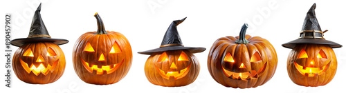 Halloween pumpkins set isolated on transparent white background, png. Halloween carved pumpkin lanterns with smiling faces and witch hats. photo