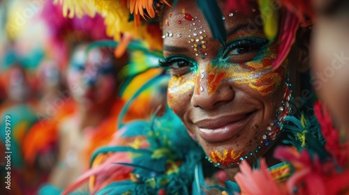 A person is smiling close-up with vibrant face paint and feathered decorations, taken at a colorful carnival, showcasing detailed makeup and a joyful atmosphere.