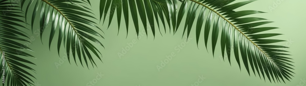 Fototapeta premium A minimalist design featuring palm leaves on a soft green background, evoking a serene tropical ambiance.