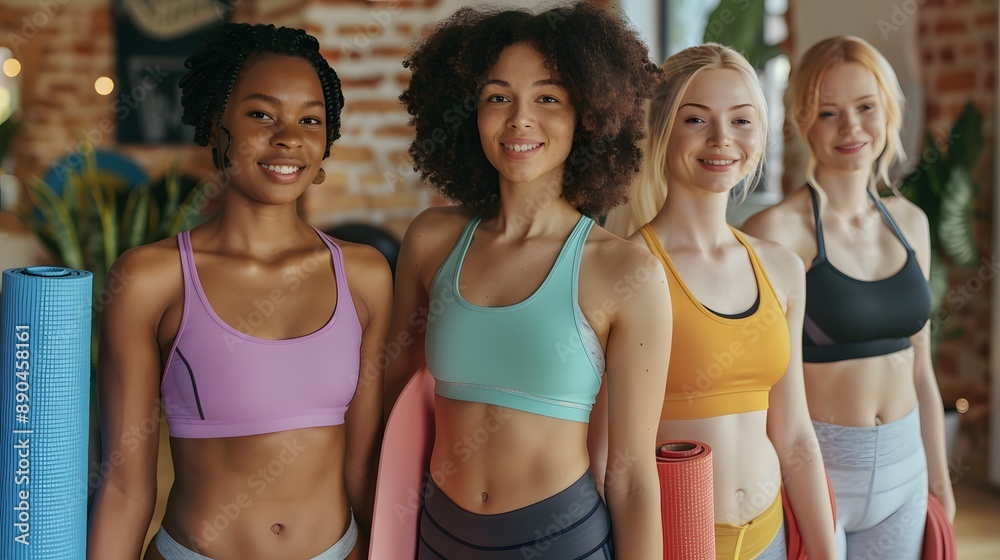 Happy beautiful diverse girls with yoga mats standing in gym. Happy beautiful diverse girls with yoga mats standing in gym.