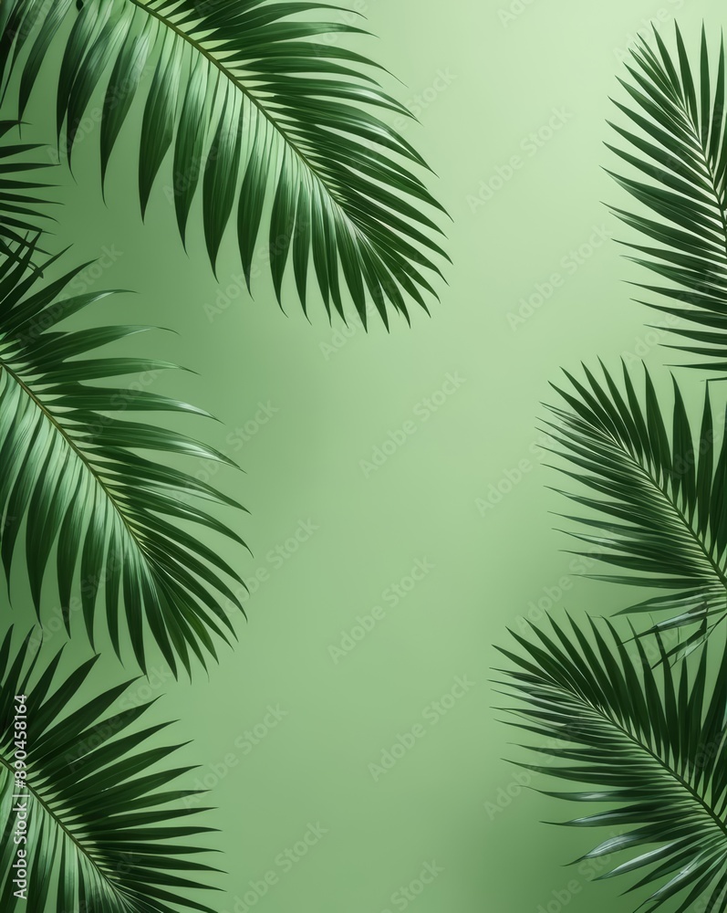 A minimalist design featuring palm leaves on a soft green background, evoking a serene tropical ambiance. A minimalist design featuring palm leaves on a soft green background, evoking a serene tropical ambiance.