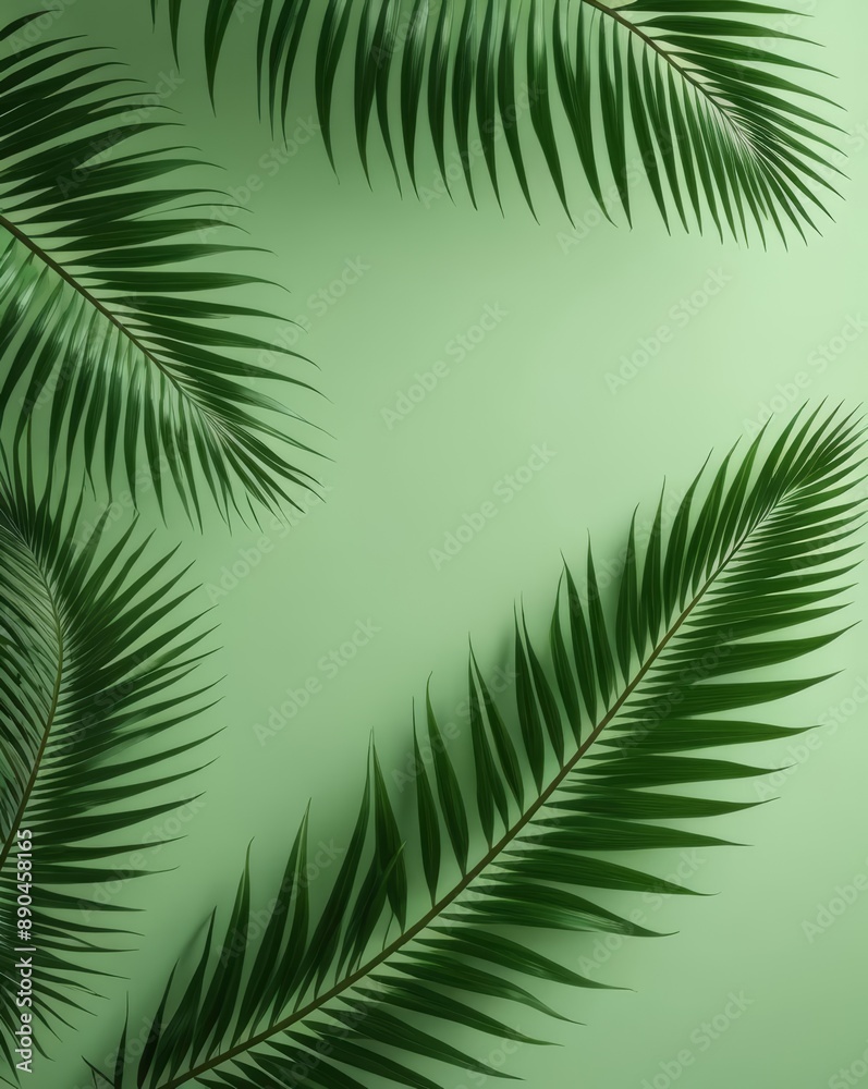 A minimalist design featuring palm leaves on a soft green background, evoking a serene tropical ambiance.