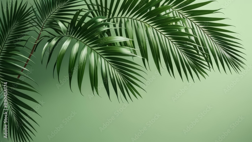 A minimalist design featuring palm leaves on a soft green background, evoking a serene tropical ambiance. A minimalist design featuring palm leaves on a soft green background, evoking a serene tropical ambiance.