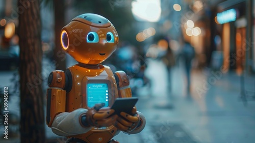 Wallpaper Mural In a futuristic city, a robot interacts with technology under city lights, blending cybernetic innovation Torontodigital.ca