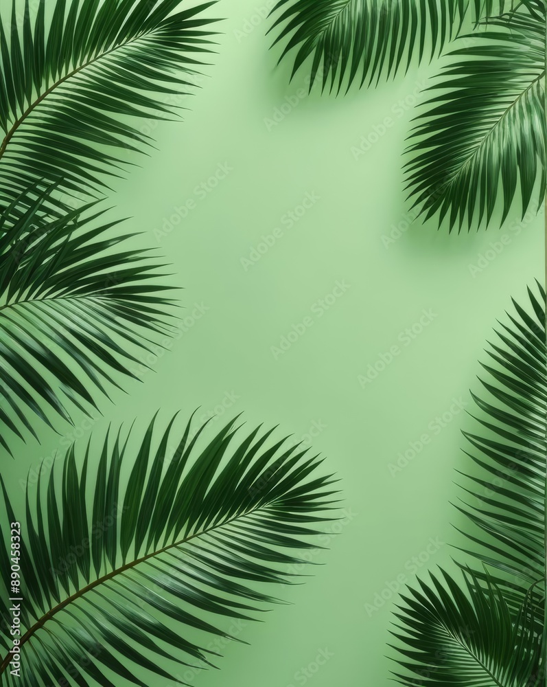 A minimalist design featuring palm leaves on a soft green background, evoking a serene tropical ambiance. A minimalist design featuring palm leaves on a soft green background, evoking a serene tropical ambiance.