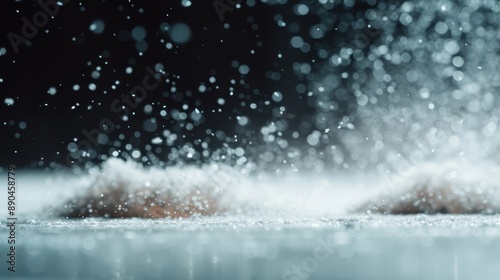 An artistic close-up of water droplets captured in mid-splash on a reflective surface, evoking the beauty of nature and the transient moments frozen in time.