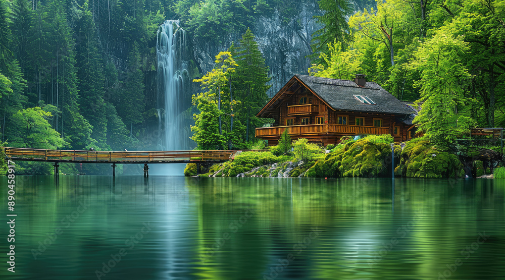 Beautiful green forest, wooden house and water falls in the background, beautiful blue lake with long bridge over it. Generative AI. Beautiful green forest, wooden house and water falls in the background, beautiful blue lake with long bridge over it. Generative AI.