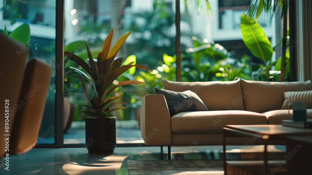 A warm and inviting space filled with comfortable furniture and lush greenery A warm and inviting space filled with comfortable furniture and lush greenery