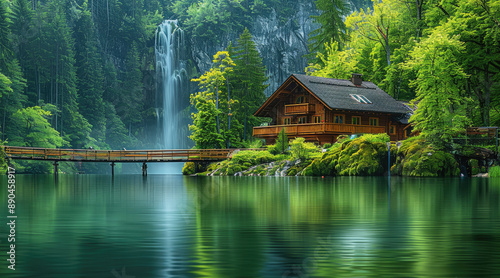Fototapeta Naklejka Na Ścianę i Meble -  Beautiful green forest, wooden house and water falls in the background, beautiful blue lake with long bridge over it. Generative AI.