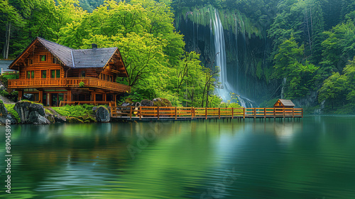 Beautiful green forest, wooden house and water falls in the background, beautiful blue lake with long bridge over it. Generative AI.