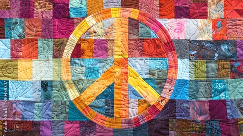 Quilt pattern featuring a peace sign design, providing a cozy and textured backdrop with space for text insertion, perfect for quilted peace day visuals