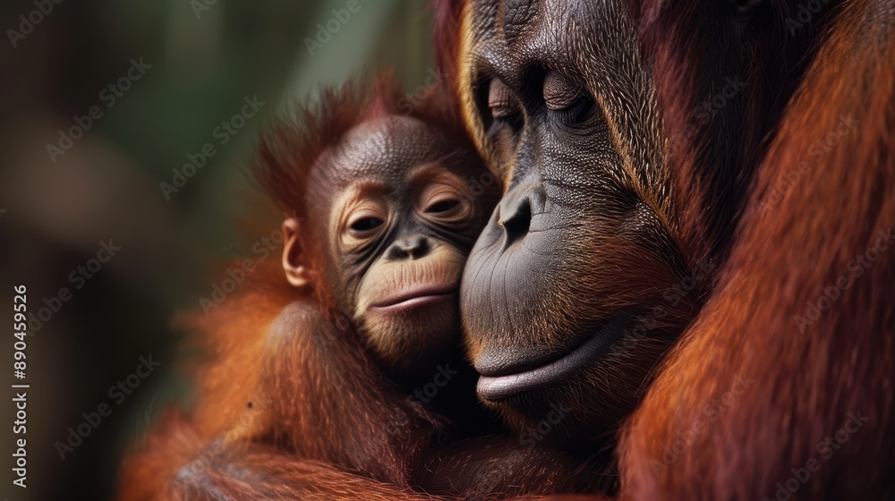 Obraz premium A deeply tender moment captured as an orangutan, with soft reddish fur, cradles another, conveying profound warmth, affection, and familial love in the wild.