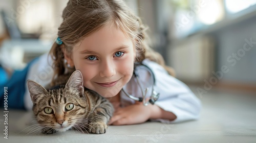 Children wearing doctor's uniforms and medical equipment The floor looks simple.