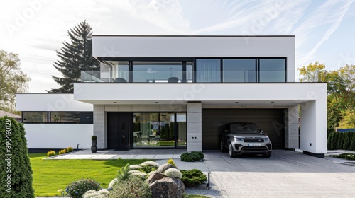 villa, two storey, modern architecture, concrete, steel and white facade, black vouge range rover photo