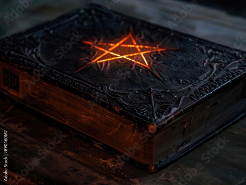 A creepy old book with a glowing pentagram on the cover, resting on a dusty table