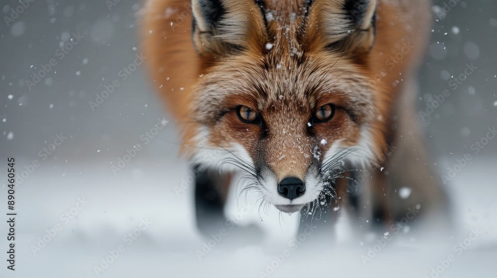 This image shows a fox walking through the snow, its head low and eyes staring intently ahead. The scene conveys a mix of focus, curiosity, and the serene beauty of winter. This image shows a fox walking through the snow, its head low and eyes staring intently ahead. The scene conveys a mix of focus, curiosity, and the serene beauty of winter.