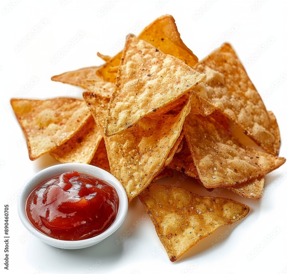 Tortilla Chips and Red Sauce on White Background Tortilla Chips and Red Sauce on White Background