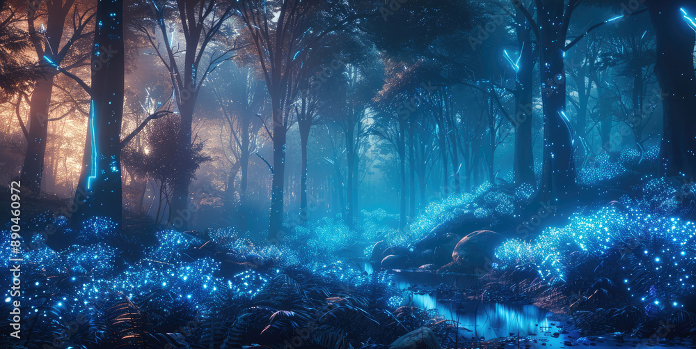 Fototapeta premium A beautiful bioluminescence Forest. Generative AI.
