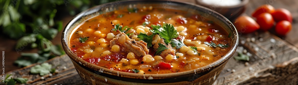 Capture a mouthwatering eye-level view of a steaming bowl of traditional Pozole soup garnished with tender pork and hominy, in a rich and inviting painting Capture a mouthwatering eye-level view of a steaming bowl of traditional Pozole soup garnished with tender pork and hominy, in a rich and inviting painting