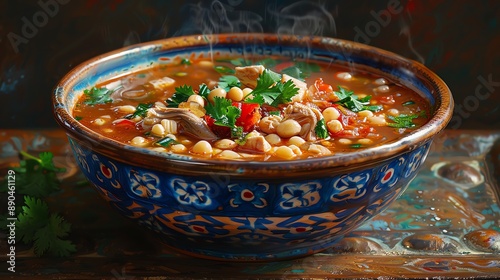 Capture a worms-eye view of a steaming bowl of Menudo soup with tripe and hominy, emphasizing rich textures and vibrant colors in a traditional oil painting style