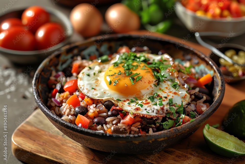 Craft a vibrant and appetizing representation of Gallo pinto from a tilted angle, highlighting the irresistible blend of colors and textures in a digital photorealistic style Craft a vibrant and appetizing representation of Gallo pinto from a tilted angle, highlighting the irresistible blend of colors and textures in a digital photorealistic style