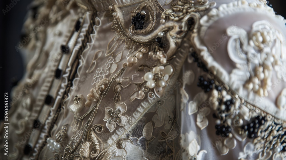 Obraz premium Close-up of a White Fabric with Beaded Embroidered Floral Design