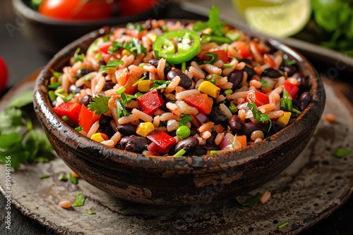 Craft a vibrant and appetizing representation of Gallo pinto from a tilted angle, highlighting the irresistible blend of colors and textures in a digital photorealistic style photo