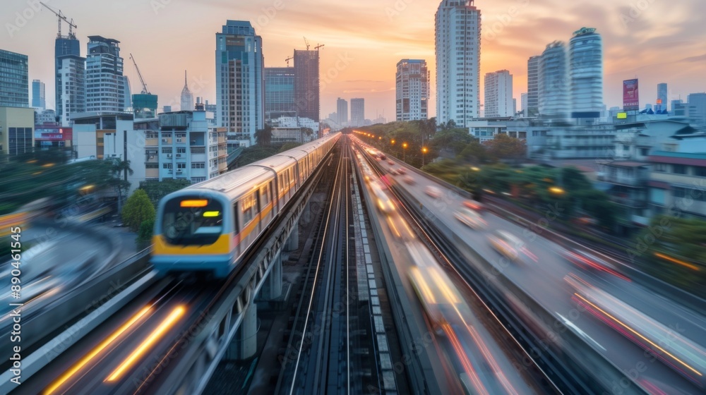 Obraz premium A commuter train speeding on elevated tracks above urban traffic
