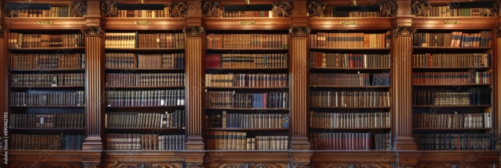 The background is large wooden bookshelves full of books on wall in the library. Knowledge archives
