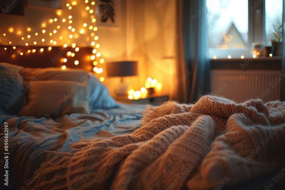 Bokeh photograph of fairy lights hanging in a cozy bedroom