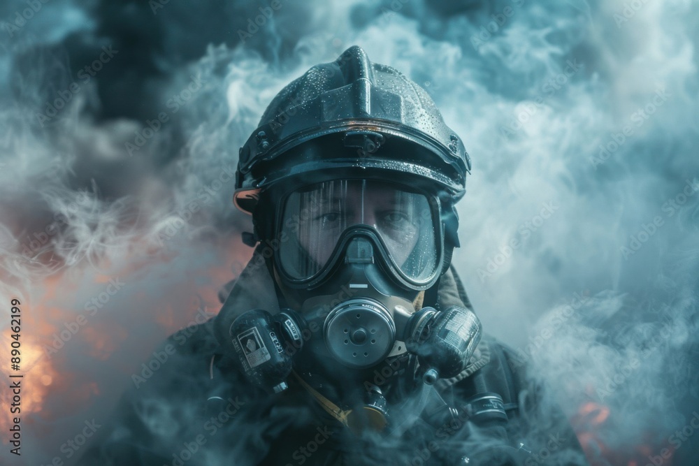 Cinematic portrait of a firefighter in full gear, emerging from smoke Cinematic portrait of a firefighter in full gear, emerging from smoke