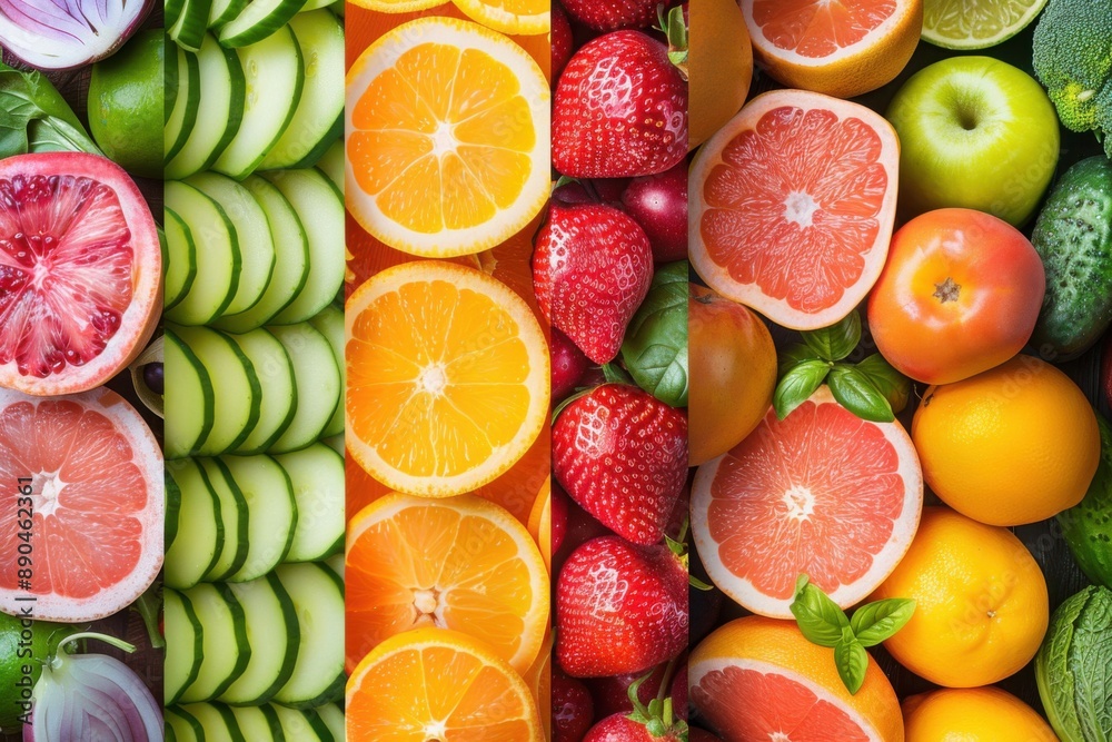 Collage of various fruits and vegetables in bright, vibrant colors, highlighting healthy eating Collage of various fruits and vegetables in bright, vibrant colors, highlighting healthy eating
