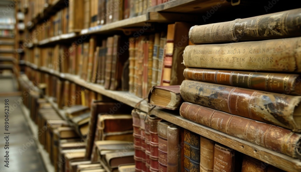 Bookshelves full of books in the library. Wooden shelves with huge pile of different books Bookshelves full of books in the library. Wooden shelves with huge pile of different books