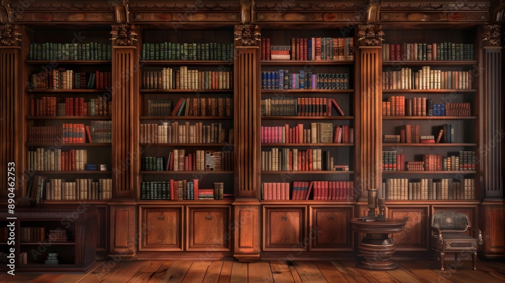 The background is large wooden bookshelves full of books on wall in the library. Knowledge archives The background is large wooden bookshelves full of books on wall in the library. Knowledge archives