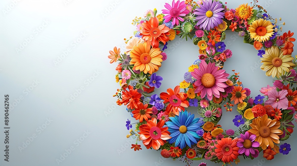 Garland of vibrant flowers woven into a peace sign shape Garland of vibrant flowers woven into a peace sign shape