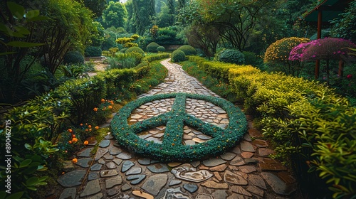 Garden pathway arranged in a peace sign shape, symbolizing harmony with a neutral background and clear space for text customization, ideal for gardenthemed peace day scenes photo