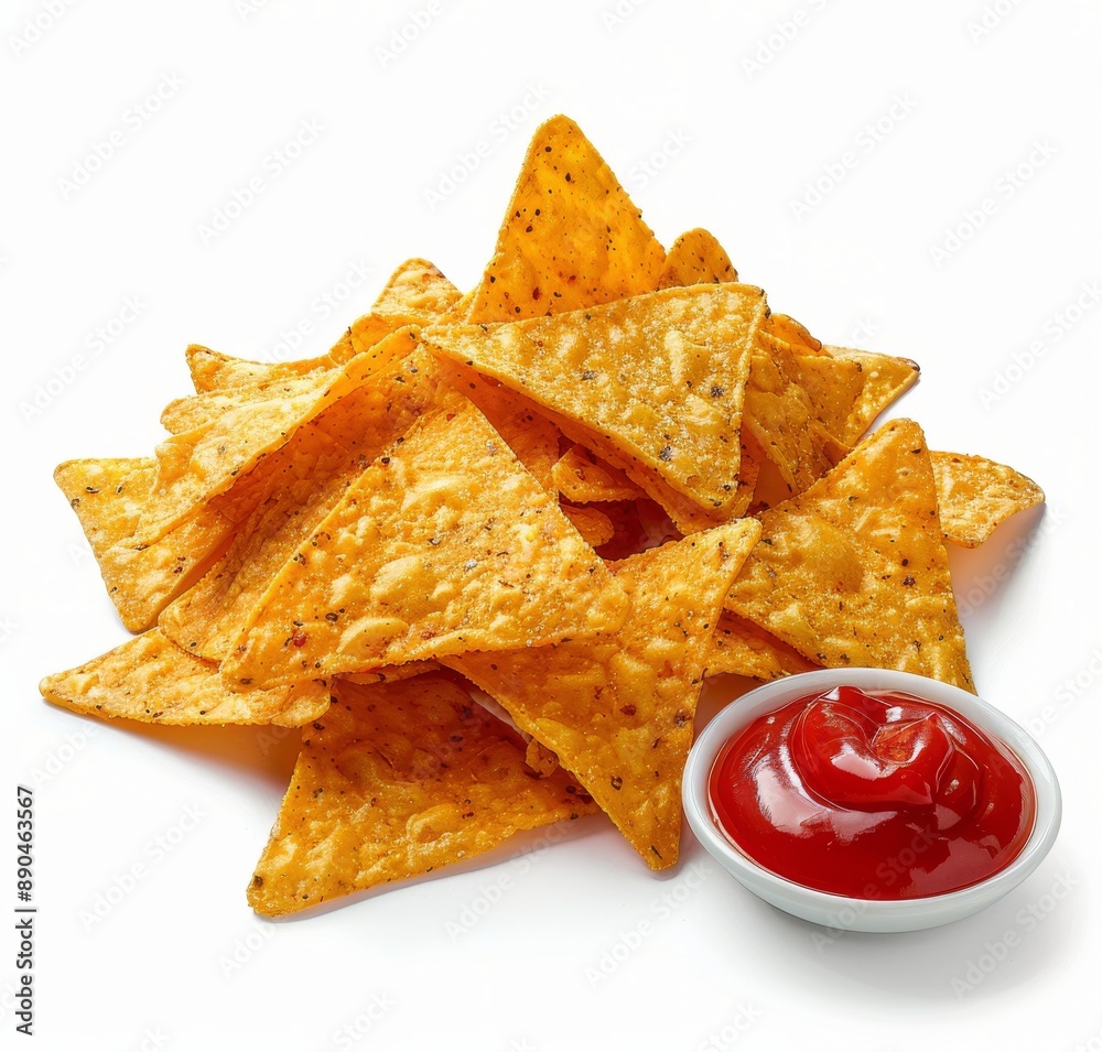 Tortilla Chips and Red Sauce on White Background Tortilla Chips and Red Sauce on White Background