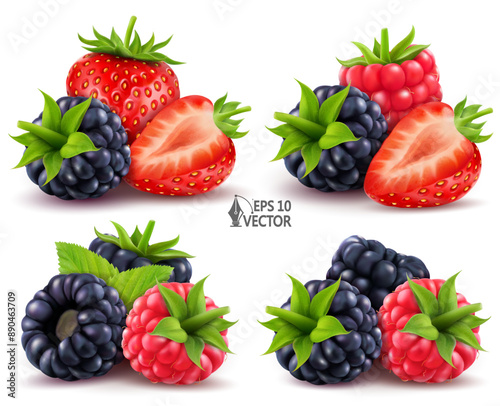Ripe blackberries, raspberries, strawberries and green leaves. Vector set of wild berries, various design options. 3D realistic food illustration on a white background for advertising and packaging