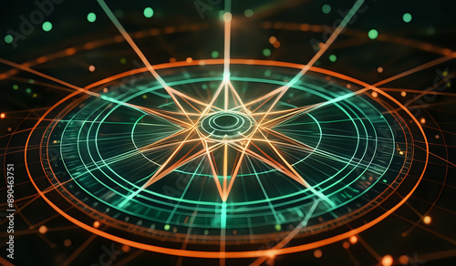 Wallpaper Mural A holographic nautical compass on top of glowing lines representing network communication with sparkles of light in orange and green tones Torontodigital.ca