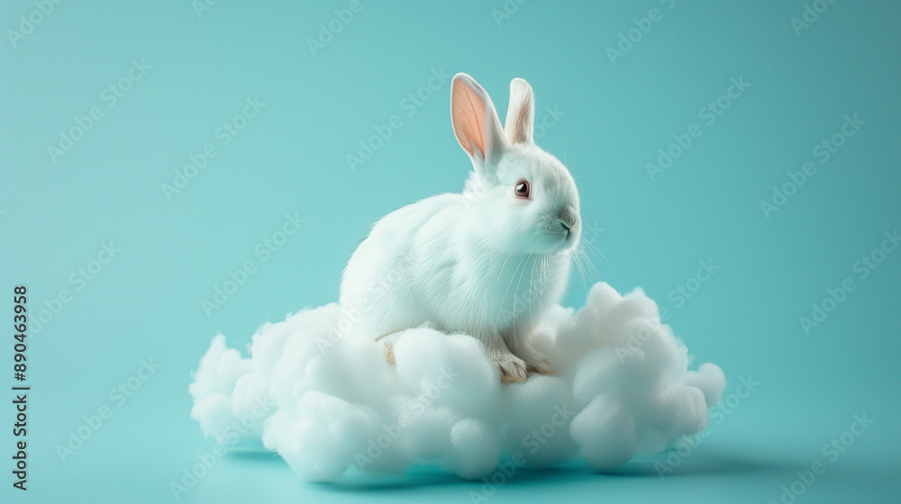 A fluffy rabbit perched on a cloud floating in a clear blue sky symbolizes innocent dreams and whimsical freedom.
