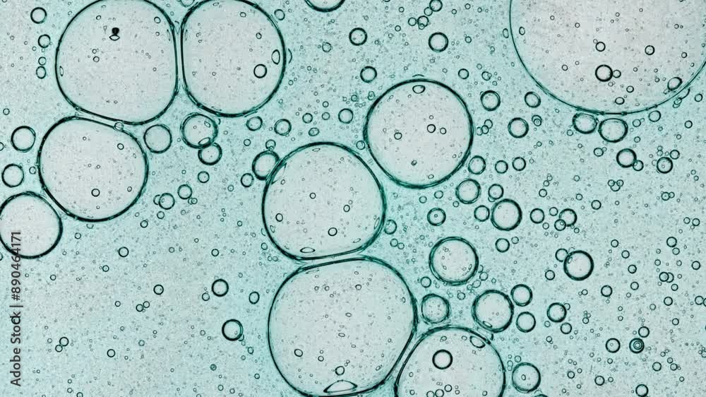 Transparent Bubble cluster, cells under a microscope. Cosmetic gel fluid with molecule bubbles distribution. The medicine concept, health care, treatment. Skin care product. Advertising of product. 4k