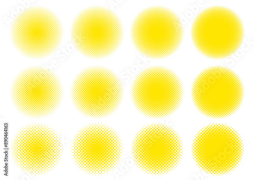ドットグラデーションの黄色の丸のイラストのセット
