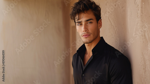 handsome male model in black shirt standing against the wall, portrait of a guy 