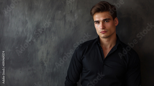 handsome male model in black shirt standing against the wall, portrait of a guy 