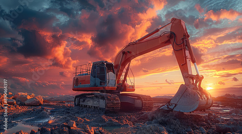 Wallpaper Mural Excavator on construction site with sunset sky background, The machine is on muddy ground. Generative AI. Torontodigital.ca