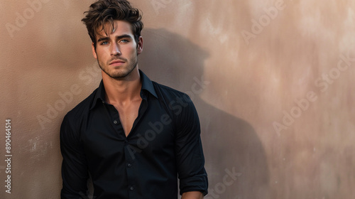 handsome male model in black shirt standing against the wall, portrait of a guy 