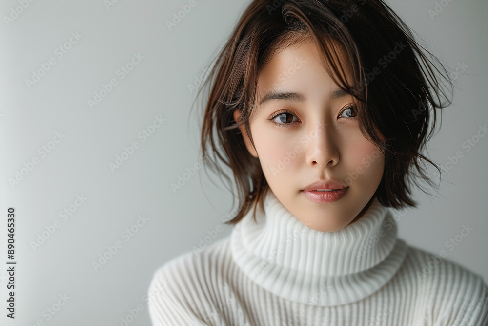 White background Studio,wearing a short-sleeved turtleneck, Short hair Korean woman in her 20s White background Studio,wearing a short-sleeved turtleneck, Short hair Korean woman in her 20s