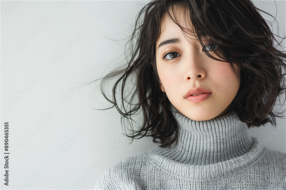 White background Studio,wearing a short-sleeved turtleneck, Short hair Korean woman in her 20s White background Studio,wearing a short-sleeved turtleneck, Short hair Korean woman in her 20s