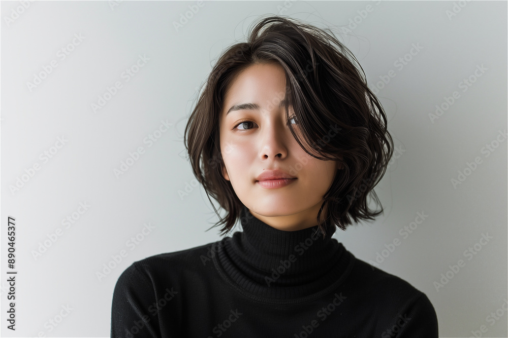 White background Studio,wearing a short-sleeved turtleneck, Short hair Korean woman in her 20s White background Studio,wearing a short-sleeved turtleneck, Short hair Korean woman in her 20s