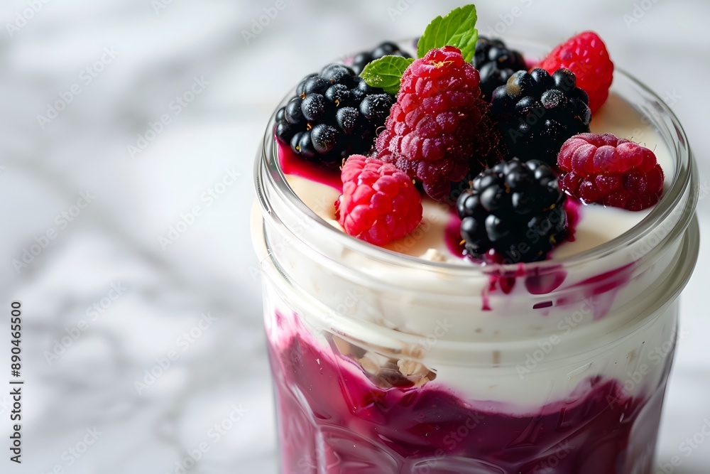 Macro shot of a jar of overnight oats with layers of yogurt and mixed berries Macro shot of a jar of overnight oats with layers of yogurt and mixed berries